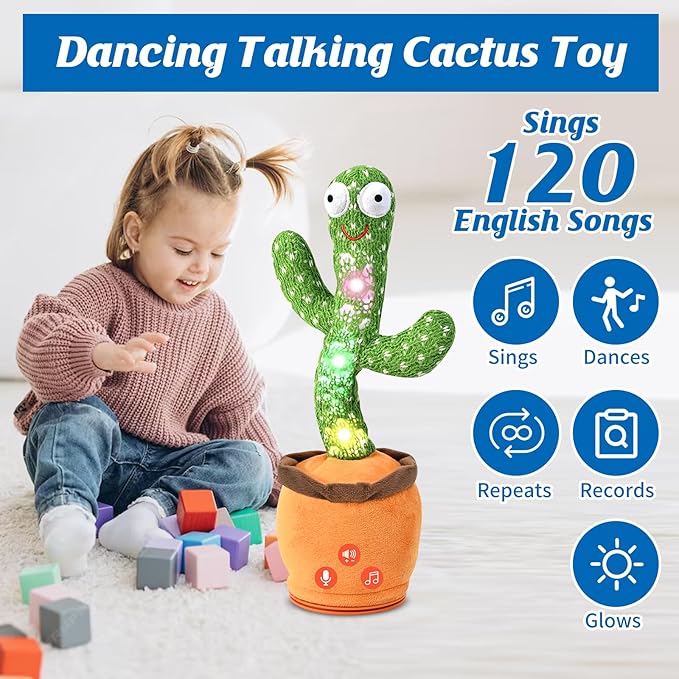 A delightful dancing talking cactus toy perfect as a birthday gift for toddlers. This charming toy sings 120 English songs and features fun dancing, mimicking, recording, and glowing abilities, making it an ideal companion for boys and girls.