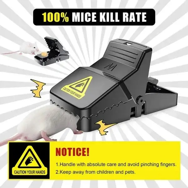 A mouse trap with a prominent warning about its effectiveness in eliminating mice quickly.