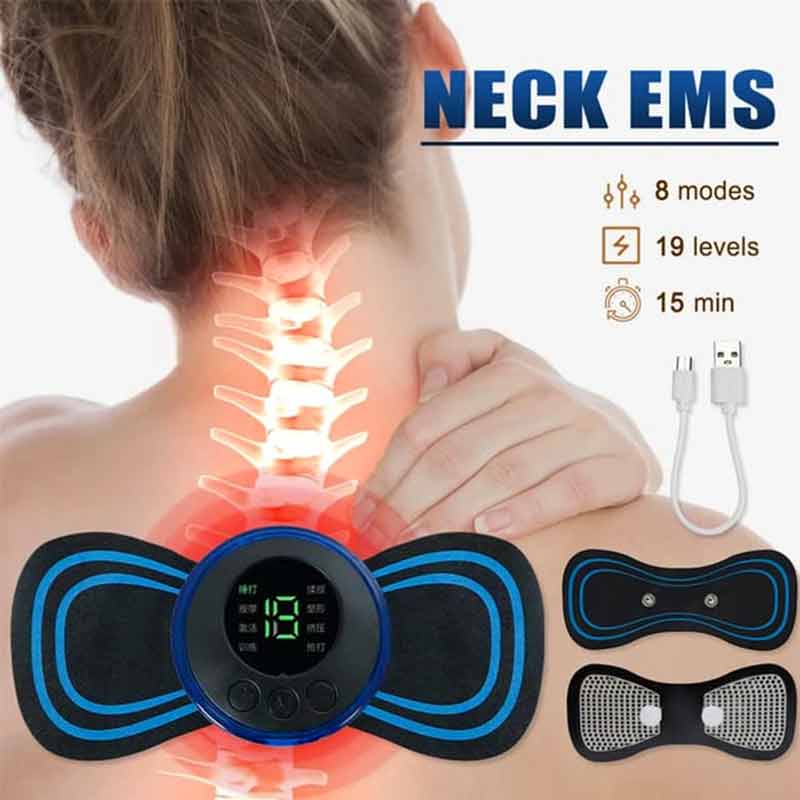 A woman experiencing relief with a neck massager on her back and neck, featuring EMS for effective muscle pain alleviation.