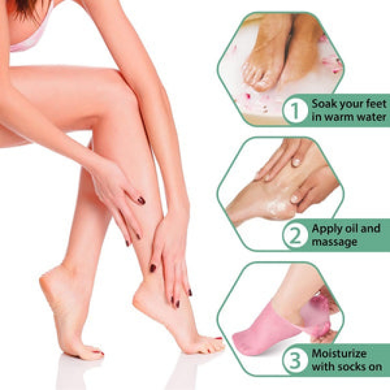 Silicone Moisturizing Gel Socks. The image appears to show a care routine for feet, highlighting steps involving soaking, moisturizing, and wearing silicone gel socks to retain hydration.