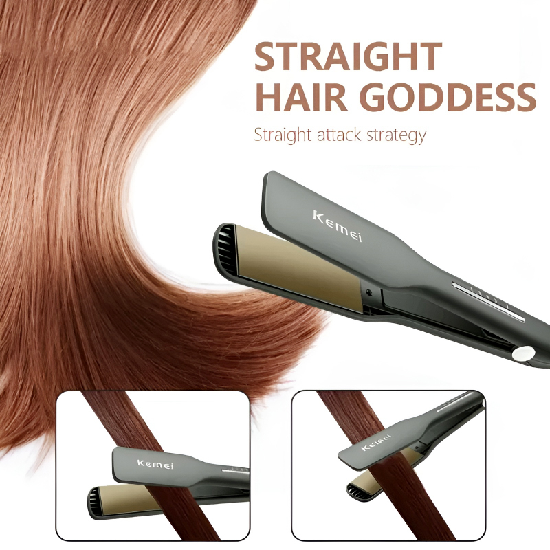 mage of Kemei KM-9828 Professional Hair Straightener with aluminum alloy plates and a max temperature of 750°F, shown in use by a woman styling her hair